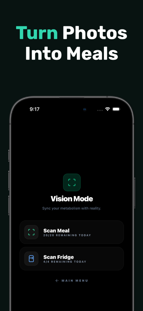 Smartphone showing Vision Mode with Scan Meal and Scan Fridge options